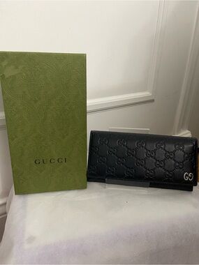 Gucci Black Embossed GG Leather Long Wallet with Gold GG Accent